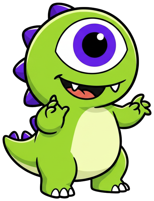 ARGUSAUR — a cute one-eyed green cartoon dinosaur with a giant purple eye